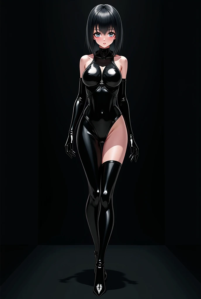 1 woman, black latex suit, gas mask, faceless, elbow long gloves, over-the-knee latex socks, high heels, full body, anatomically correct, UHD, masterpiece, super detail, best quality, anatomically correct, gray background, depth of field, from below