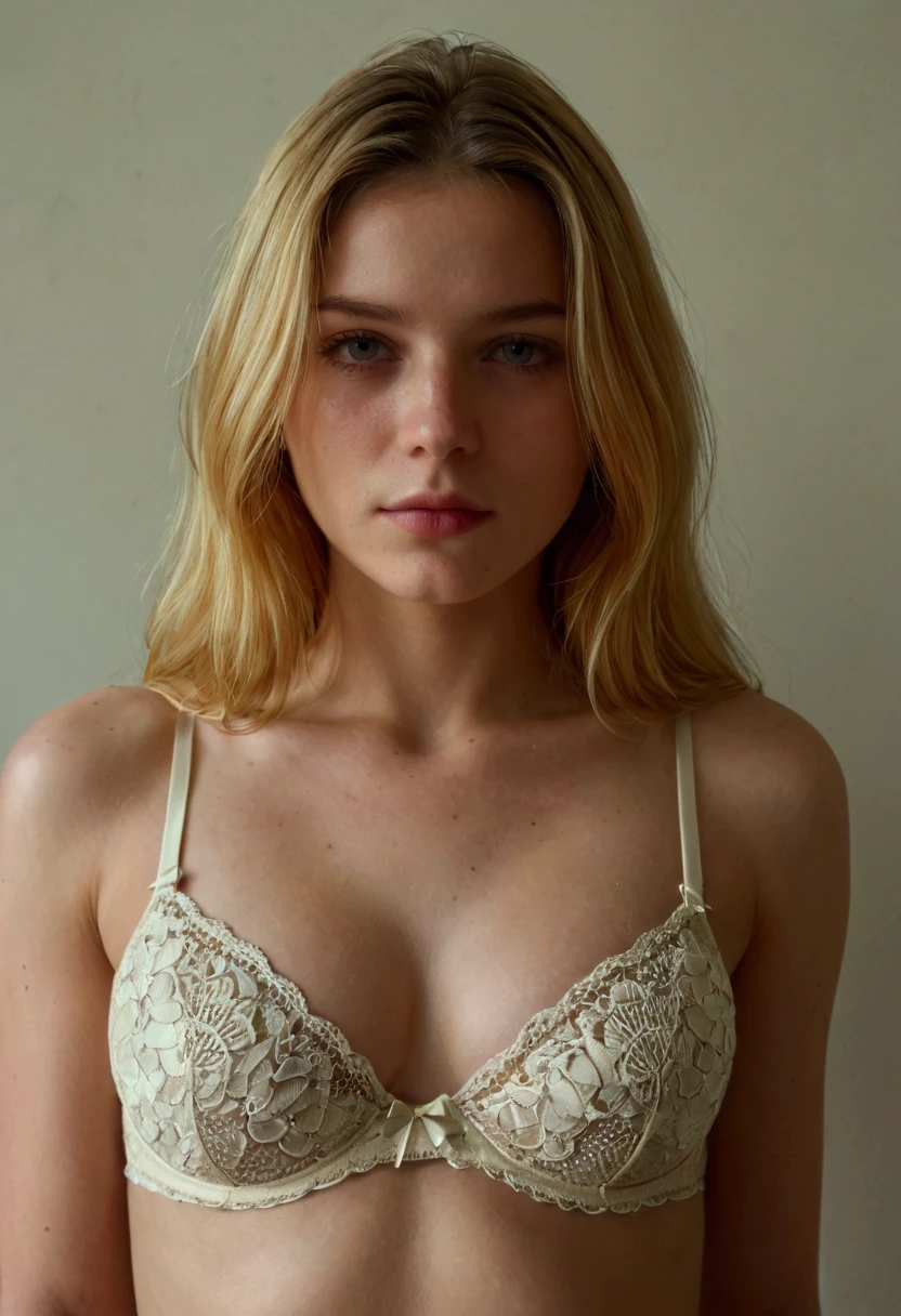  scary body photograph ,  of a beautiful young woman with shiny gold hair,  pale skin , wearing a coconut bra 