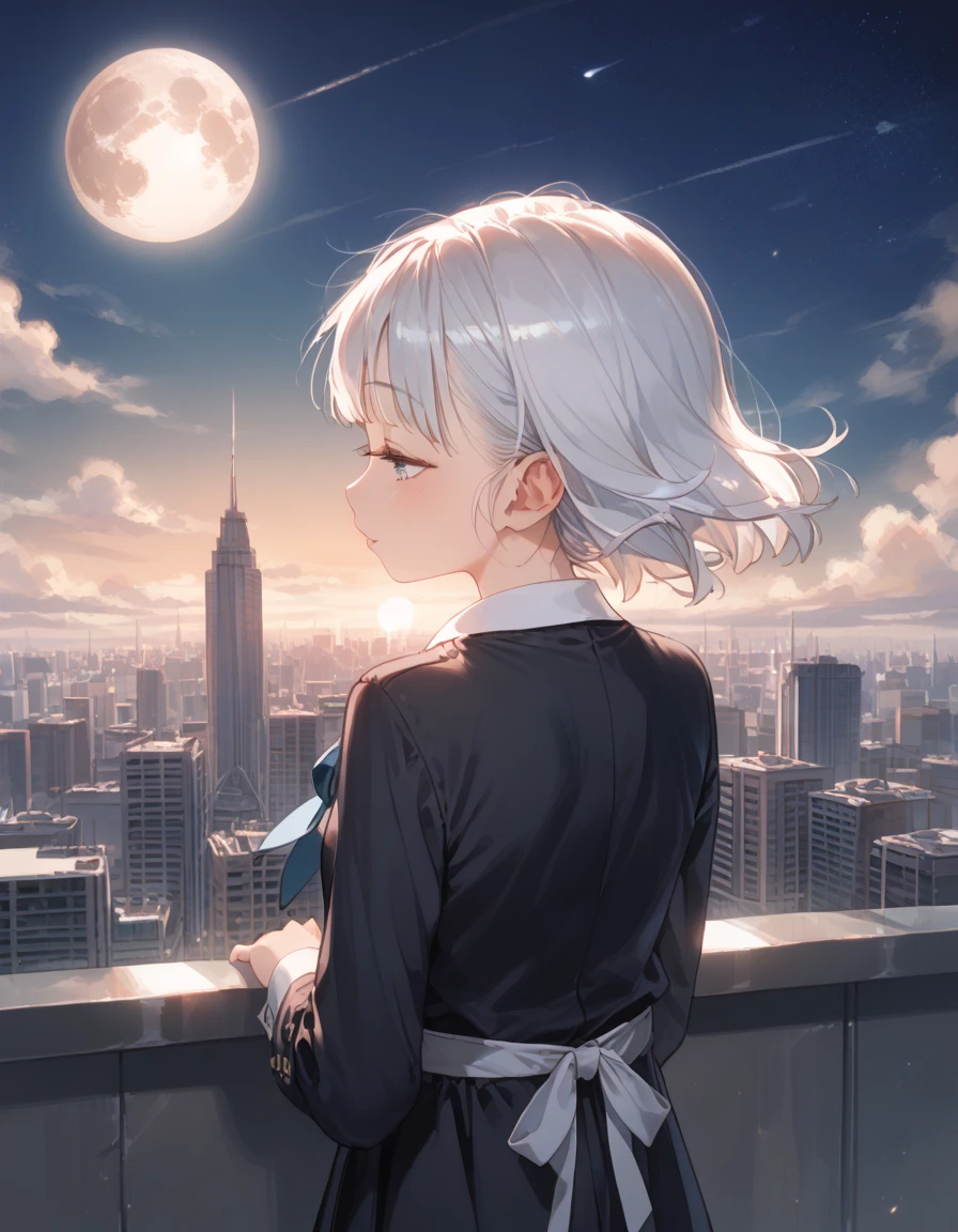 (Masterpiece,  top quality), ( intricate details), (afternoon,  moon,  strong sunshine) SF,  Future City,  on a skyscraper , (half closed eye). ( 1 girl:1.5), messy short white hair tousled by wind, (Elegant plain long sleeve shirt, back tie and button front - back tie, pure color), Lift your chin and laugh,