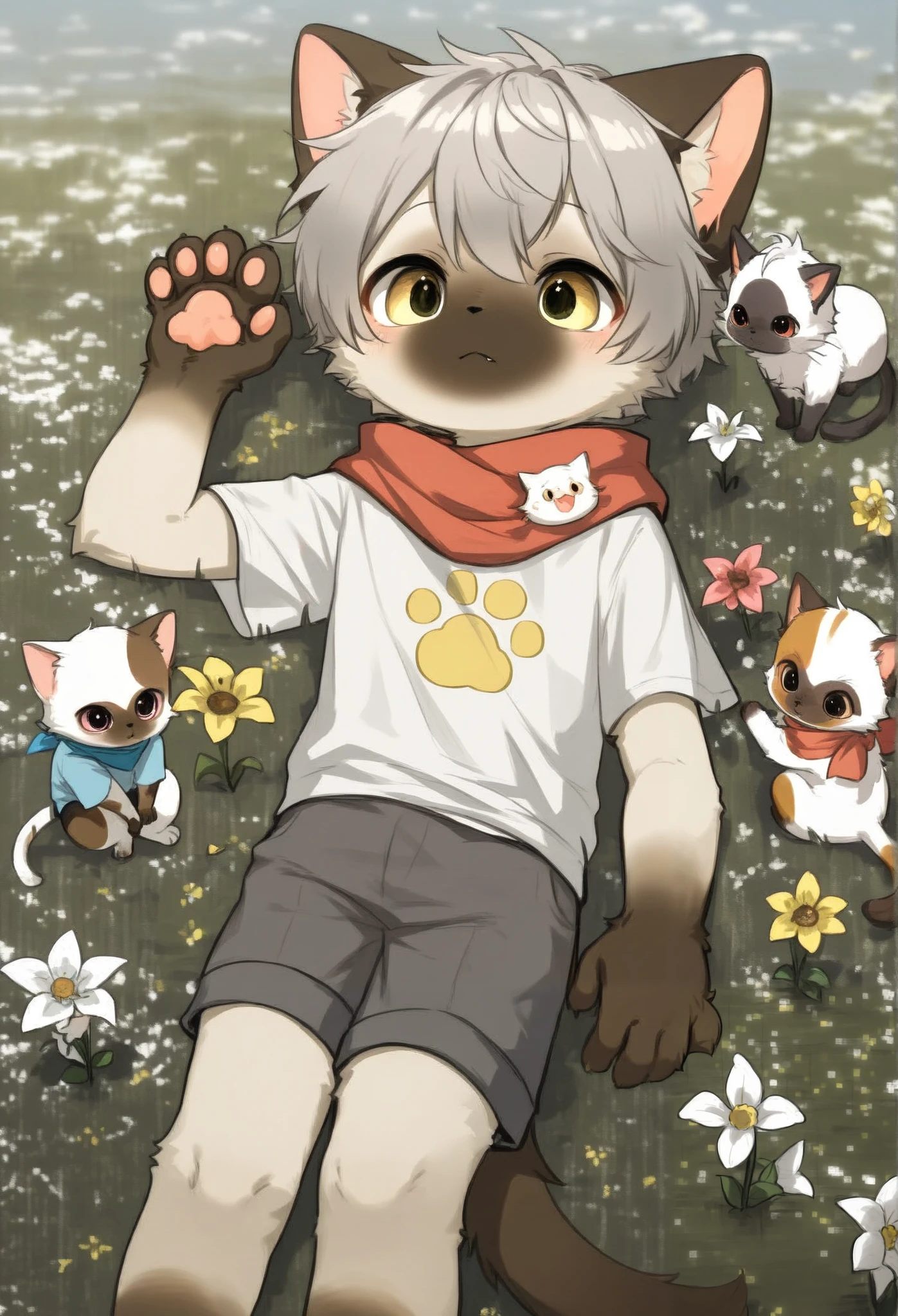 Siamese cat boy，furry boy， ddlers，Three Flower Cats， gray hair，，Red scarf， shorts，Short sleeve，one person