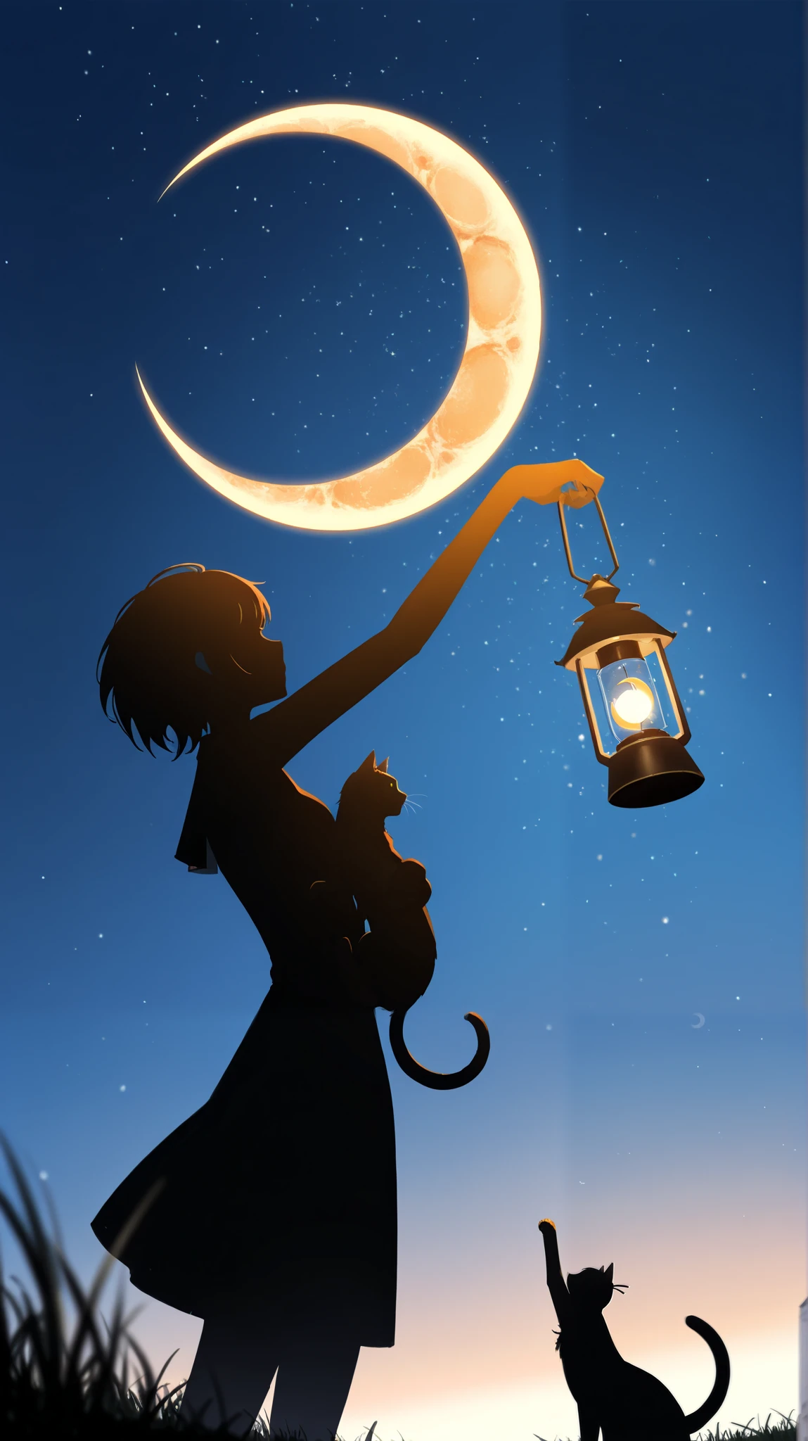 (in style of lu manman:1.3),
 1girl,cat,crescent,moon,fantasy,grass,lantern,light_particles,moon,nature,on_crescent,orange_moon,scenery,short_hair,silhouette,sky,solo,star_(sky),
arm_up,dynamic angle,(forced_perspective,looking_up,from_side,flying cat,cat hugging crescent on perspective:1.2),(sihouette:1.6),holding,holding_lantern,
night,night_sky,cowboy_shot,blurry,blurry_foreground,