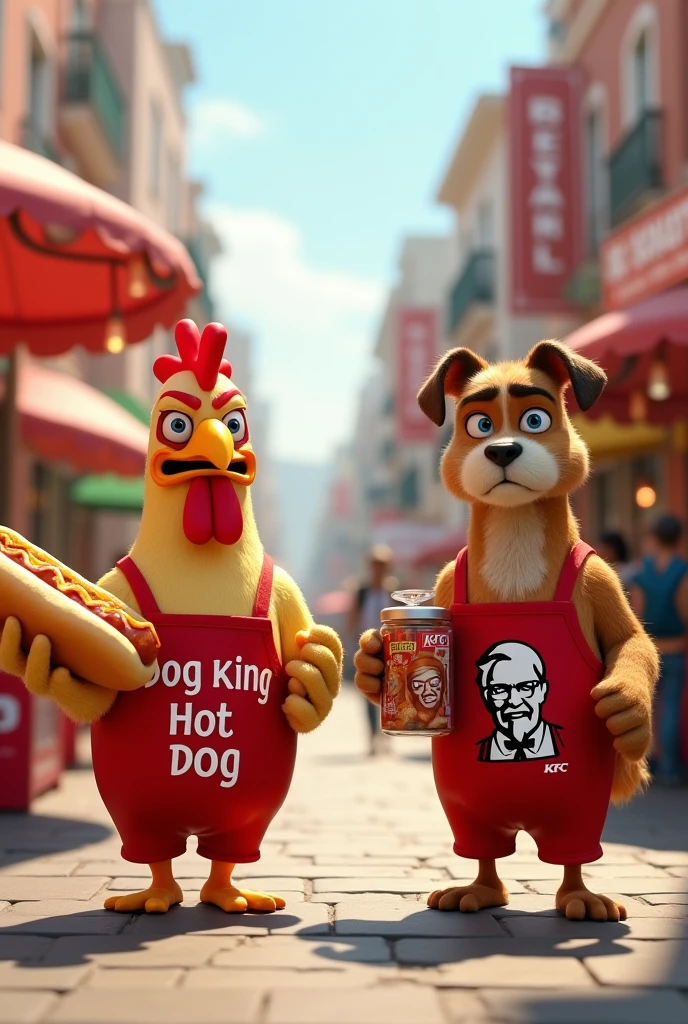 Make a street with two food stalls with an angry chicken with a nervous face holding a big hortdog in its hands and selling Dog King's hotdog and the other with an angry and nervous dog holding a KFC jar with chicken thighs and selling KFC, Pixar 3d image 