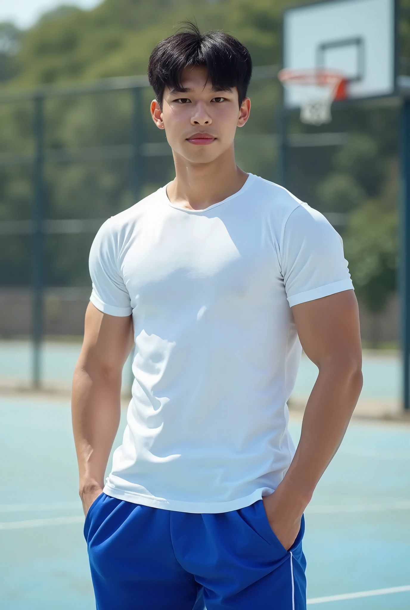 Young Korean man in a white t-shirt and jeans, A handsome, muscular young Asian man looks at the camera. In a simple blue t-shirt , Fieldside, grass, beach, sunlight