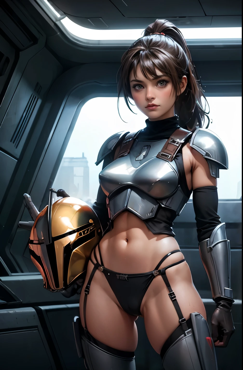 StarWars Worldview , Female Mandalorian, , sexy beauty, Age 25, Mandalorian helmet in your hand that is wet and transparent , ponytail , slender body, crotch is open, Thigh Gap, Thin legs, , Front, Plate Armor ,,steel bib , Steel Gloves, Steel Gloves, (No pants), ( red panties), tight panties , Tiny Panties , (( camel toe )), , , (On the battlefield),, quality, (Masterpiece), 8k, nsfw