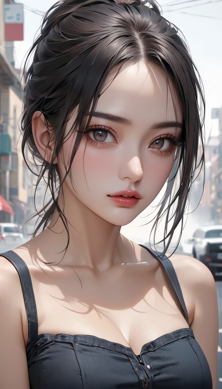 (Masterpiece, Best Quality, 8K Wallpaper, High Resolution, Ultra Real), Solo Girl, Alone, Ponytail, Pretty, Big Eyes, Detailed Nose, Mouth Detail, , Dark Eyes, (Top Quality, 4K , 1 girl, sexy :1.1, dark brown hair: 1.1, (wet from the rain, wet from the rain, wet body :1.2), white tank top, very detailed face, detailed lips , fine eyes, double eyelids, soaking wet, pouring rain, outdoor street corner