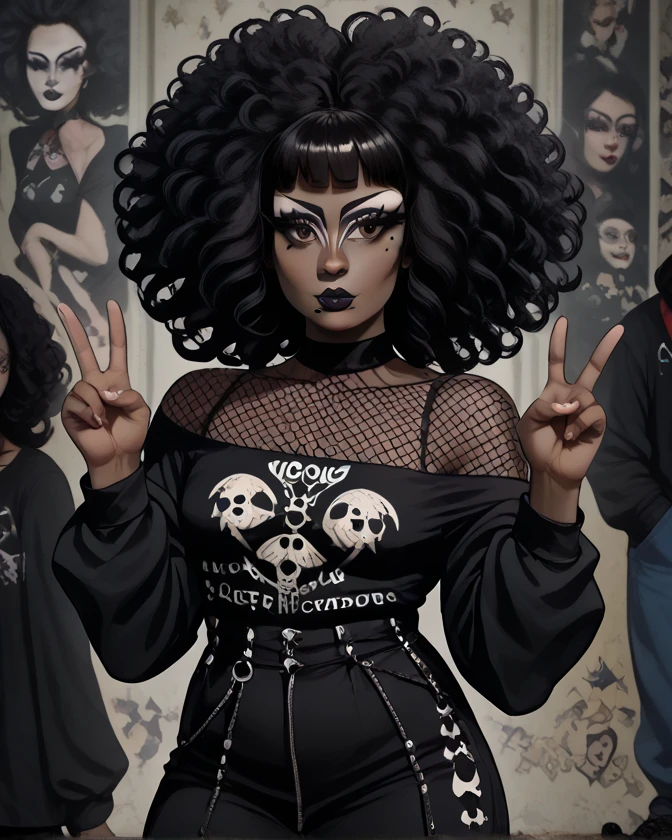 score_9, score_8_up, score_7_up, score_6_up, best quality, masterpiece, solo, female, brown skin, black hair, curly hair, afro, blunt bangs, brown eyes, fully clothed, breasts, black shirt, off shoulder, fishnet top, eyelashes, eyeliner, mole, black lips, makeup, goth, v sign, detailed, colored, full-length portrait, detailed background 