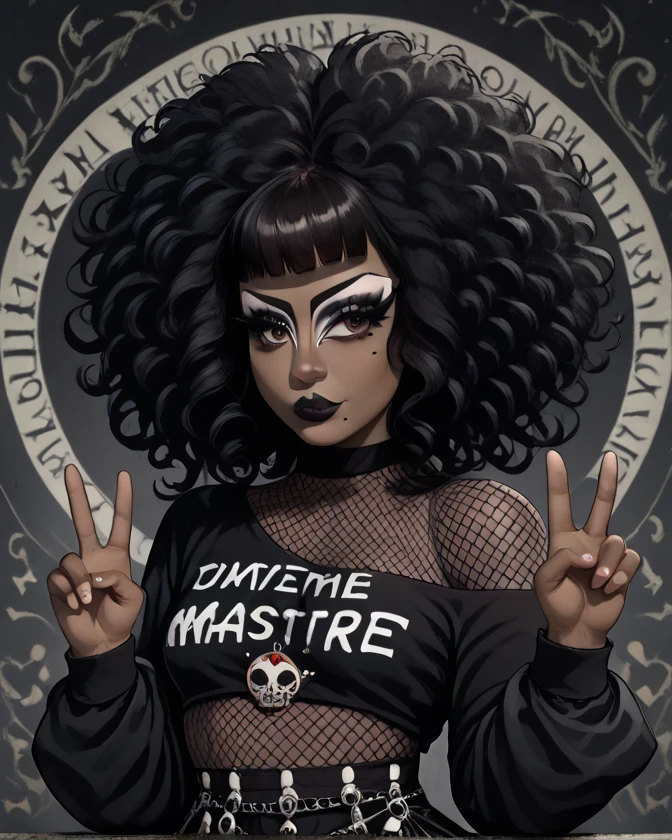 score_9, score_8_up, score_7_up, score_6_up, best quality, masterpiece, solo, female, brown skin, black hair, curly hair, afro, blunt bangs, brown eyes, fully clothed, breasts, black shirt, off shoulder, fishnet top, eyelashes, eyeliner, mole, black lips, makeup, goth, v sign, detailed, colored, full-length portrait, detailed background 