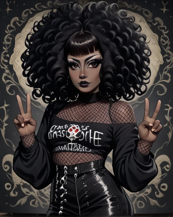 score_9, score_8_up, score_7_up, score_6_up, best quality, masterpiece, solo, female, brown skin, black hair, curly hair, afro, blunt bangs, brown eyes, fully clothed, breasts, black shirt, off shoulder, fishnet top, eyelashes, eyeliner, mole, black lips, makeup, goth, v sign, detailed, colored, full-length portrait, detailed background 