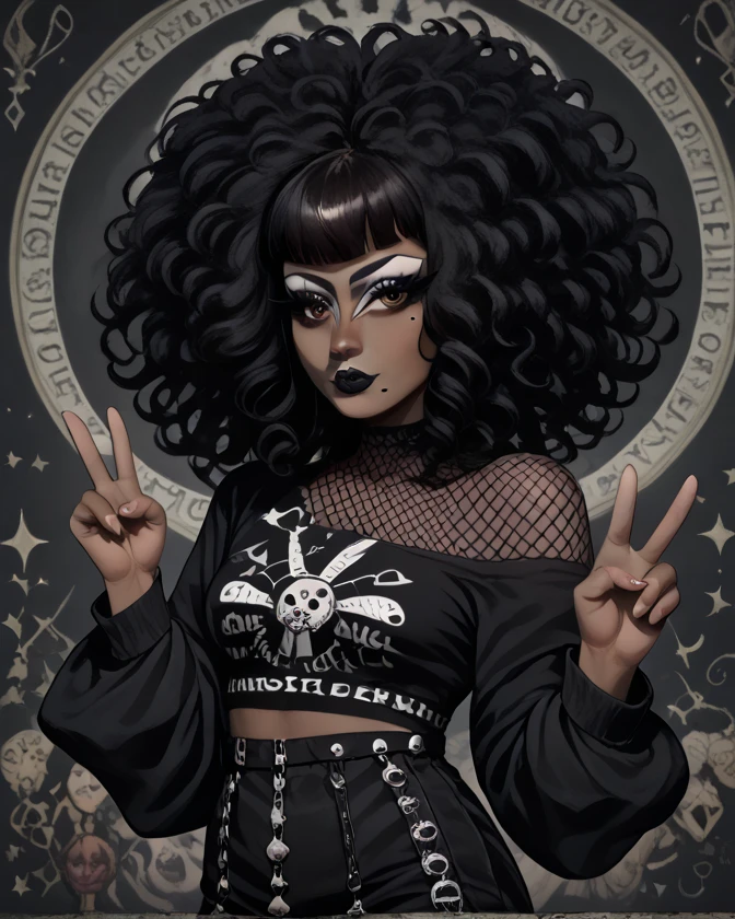 score_9, score_8_up, score_7_up, score_6_up, best quality, masterpiece, solo, female, brown skin, black hair, curly hair, afro, blunt bangs, brown eyes, fully clothed, breasts, black shirt, off shoulder, fishnet top, eyelashes, eyeliner, mole, black lips, makeup, goth, v sign, detailed, colored, full-length portrait, detailed background 