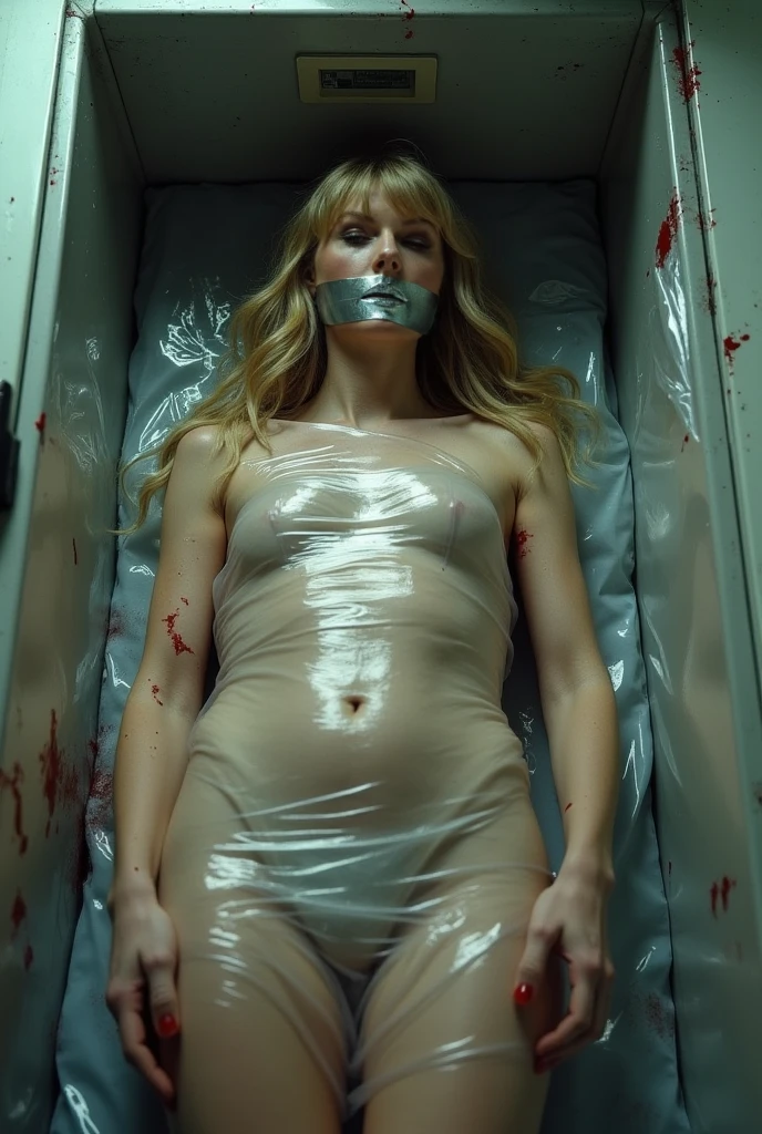 Imagine a beautiful young adult European woman with blonde hair,  Beautiful and realistic face, that she is naked  , large and defined breasts, to show his feet, emotionless face  , that is covered in plastic, with a gift bow on her head, inside a cigar box, realistic feet, Whole body, opening your legs