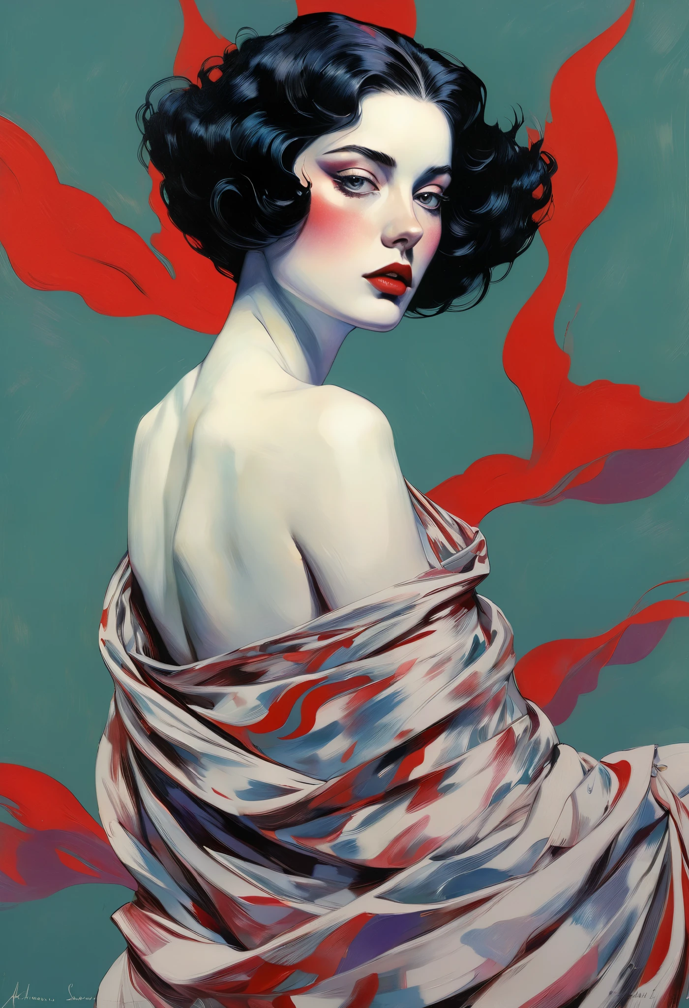 Sexy illustration of an elegant queen using chiaroscuro (((Short hair without bangs:1.4、beautiful eyes) , High quality ,Silk dress, matte paint, John Singer Sargent, author：Katsuya Terada、 Very soft colors, Deep and vivid, Deep red pastel, Very detailed, The art of math, High contrast, dramatic, complicated, Tone, close, Sexy and romantic、masterpiece、The Minimalists、chiaroscuro technique on sensual illustration of an elegant 1980s woman, vintage beauty, eerie, the model draped in flowing, thick oil painting, by Hannah Dale, by Harumi Hironaka, extremely soft colors, vibrant, highly detailed, malcolm liepke painting, oil on canvas, high contrast, dramatic, refined, tonal, Create high contrast between light and shadow