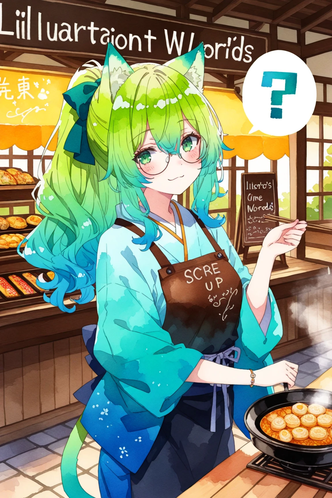 1girl,(green-wavy-ponytail-hair:1.4),green-eyes,cat-ears,round-glasses,kimono apron,smiling,speech question,steam-punk-style Town street food-cart food-stall,signboard,(drawn on it and the words “imagaWayaki” written on it.),(Drawn on it and the words “Oyaki” written on it.),(Drawn on it and the words “KaiTenYaki” written on it.), (Drawn on it and the words “Opanyaki” written on it.),(Drawn on it and the words “Aziman” written on it. ),(watercolor style illustration, :1.4).