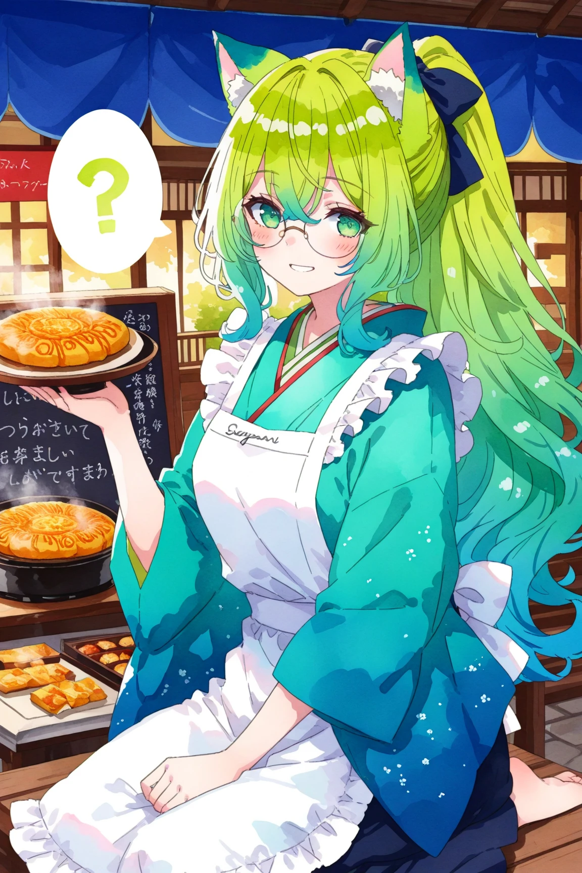 1girl,(green-wavy-ponytail-hair:1.4),green-eyes,cat-ears,round-glasses,kimono apron,smiling,speech question,steam-punk-style Town street food-cart food-stall,signboard,(drawn on it and the words “imagaWayaki” written on it.),(Drawn on it and the words “Oyaki” written on it.),(Drawn on it and the words “KaiTenYaki” written on it.), (Drawn on it and the words “Opanyaki” written on it.),(Drawn on it and the words “Aziman” written on it. ),(watercolor style illustration, :1.4).