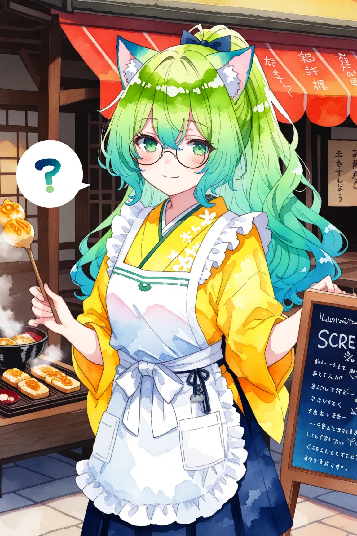 1girl,(green-wavy-ponytail-hair:1.4),green-eyes,cat-ears,round-glasses,kimono apron,smiling,speech question,steam-punk-style Town street food-cart food-stall,signboard,(drawn on it and the words “imagaWayaki” written on it.),(Drawn on it and the words “Oyaki” written on it.),(Drawn on it and the words “KaiTenYaki” written on it.), (Drawn on it and the words “Opanyaki” written on it.),(Drawn on it and the words “Aziman” written on it. ),(watercolor style illustration, :1.4).