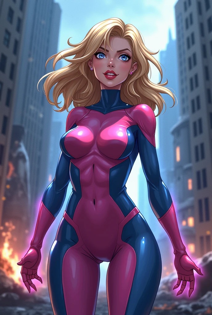 Blonde superheroine with a little chubby in a pink and white outfit with purple writing on the front and shoulders
