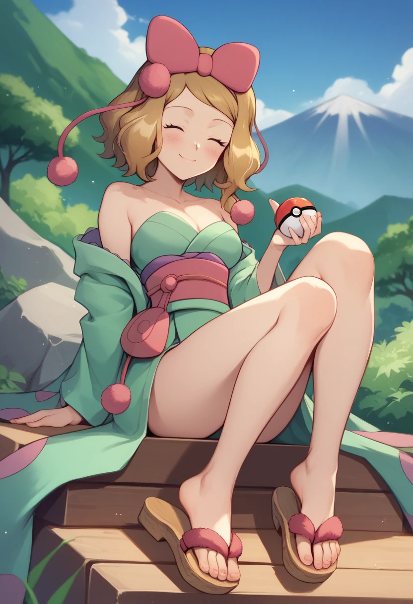 serena( Characters in Pokemon )，1girl,Alone, Wearing Japanese Kimono（Geisha costume），green kimono,Long-sleeved kimono，Wear a Japanese hair accessory ， Charming Smile ，closed eyes,Blush， strapless，  bare legs ，feet Wear wooden sandals ， sitting on a stone，Holding a pokeball in her hand， front view，Put her foot on the camera with her feet bent 。background:field，Mountain 。Dark and Shadow 