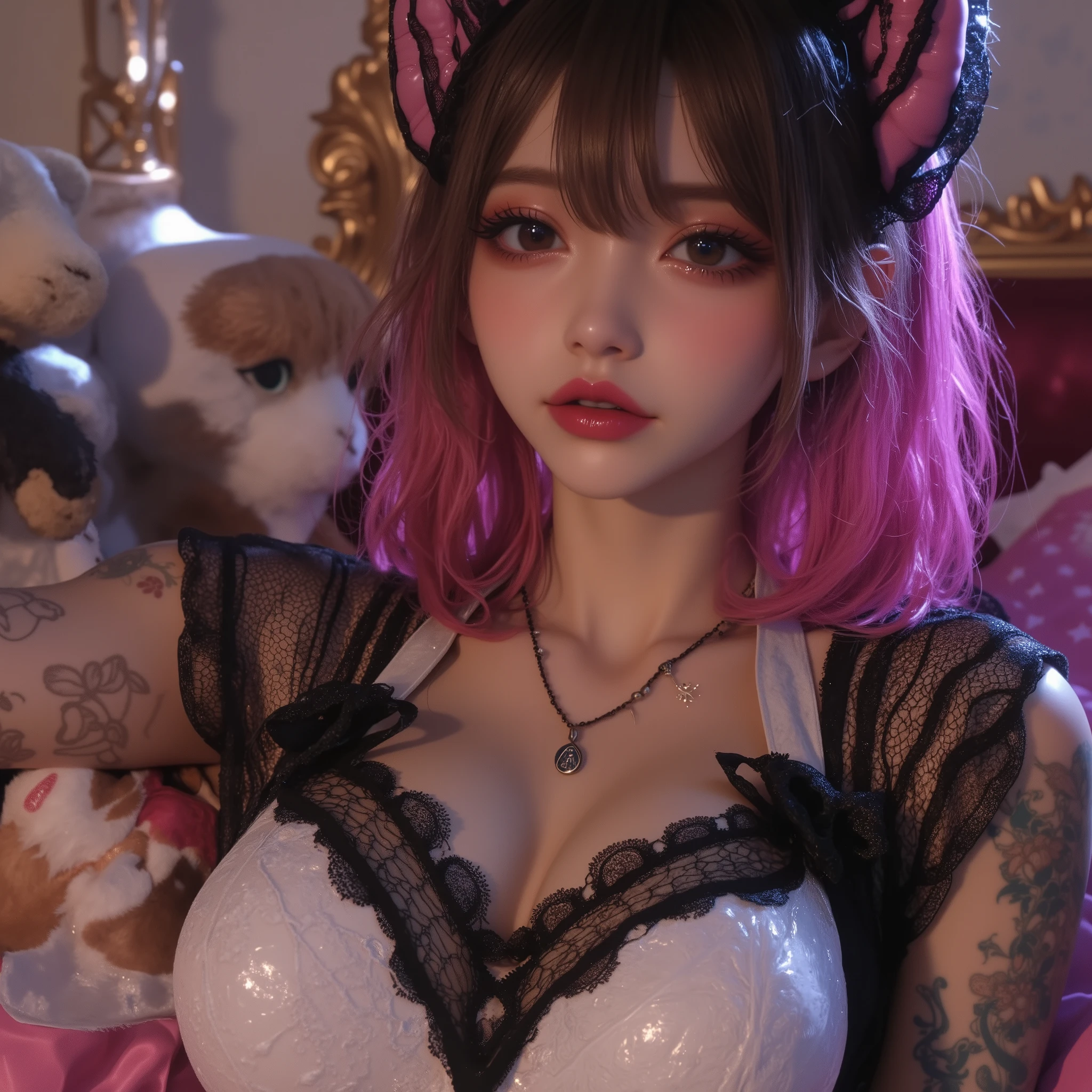 ((masterpiece 1girl waifu, long straight bright pink hair, yummy, Russian mixed with Mexican, red lipstick, pink rabbit ears, slave, sexual look, huge breasts, thin waist, perfect thighs, thick thighs, full breasts, soft breasts, micro bikini of League of legends armor, sweaty body, body with baby oil, shiny body, elegance, leaning against a table, wooden, long gray lace socks, black gloves, fingerless, 8k ultra HD))