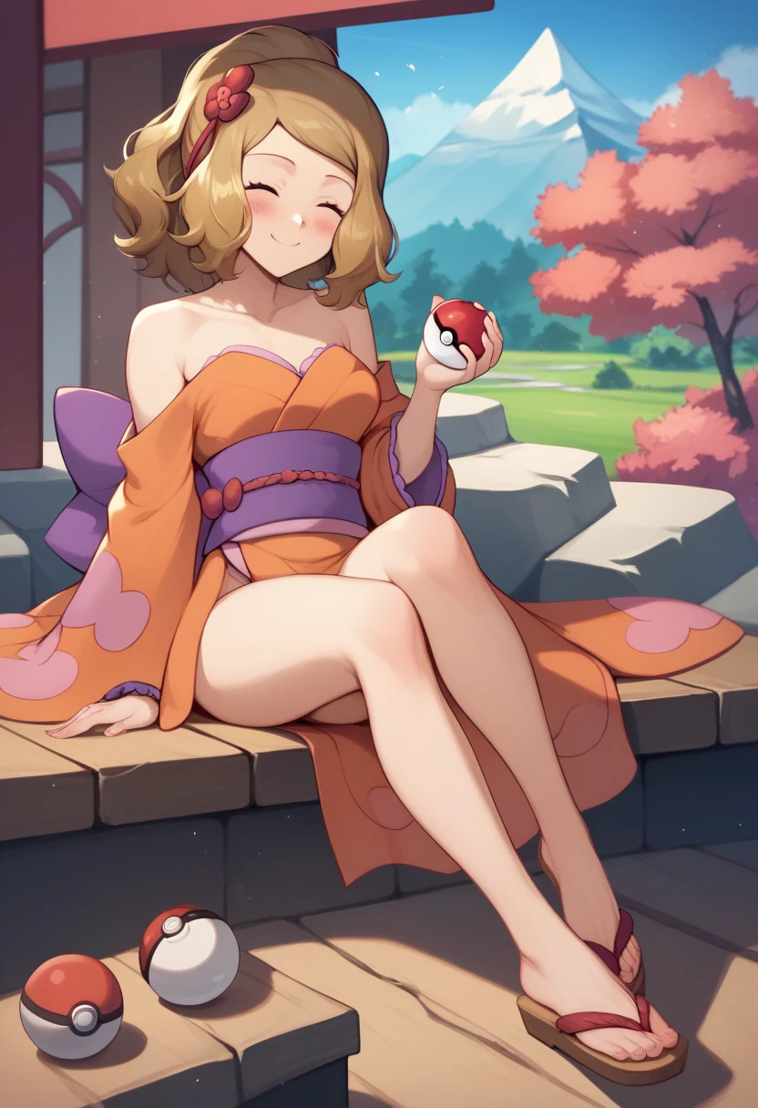 serena( Characters in Pokemon )，1girl,Alone, Wearing Japanese Kimono（Geisha costume），orange kimono,Long-sleeved kimono，Wear a Japanese hair accessory ， Charming Smile ，closed eyes,Blush， strapless，  bare legs ，feet Wear wooden sandals ， sitting on a stone，Holding a pokeball in her hand， front view，Put her foot on the camera with her feet bent 。background:field，Mountain 。Dark and Shadow 