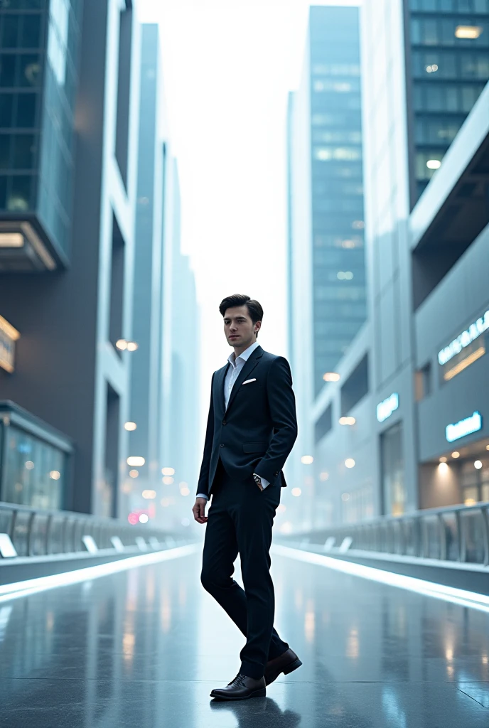 A rich businessman on the street in front of a futuristic office about ultra realistic 8K cinematic business --auto --s2