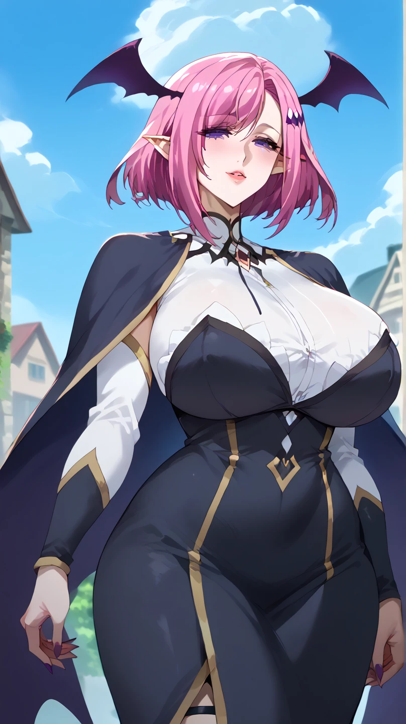 1girl,Ginny(The Greatest Demon Lord Is Reborn as a Typical Nobody ), short hair, purple eyes, pink hair, pointy ears, demon girl, head wings, demon wings, bat hair ornament,older, huge breasts, milf, motherly, wide hips