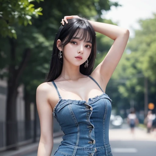 Araffe woman in bright dark jeans, ponytail, ผู้หญิงlong hairชาวเอเชียตะวันออกเฉียงใต้ที่มีใบหน้ากลม, Warm light, morning sun, long hair,black eyes,abdominal muscles, The body is beautiful and strong., rounded chest, (digital painting, HDR, high contrast), 3-D, 8K, 45,000,000 pixcls,Asian girl, Gorgeous Chinese model, Japanese model, beautiful asian woman, Japanese goddess, Very beautiful girl., beautiful young woman, very beautiful woman, Attractive and beautiful, sexy girl, Asian girl, beautiful female model, jaw-dropping beauty,