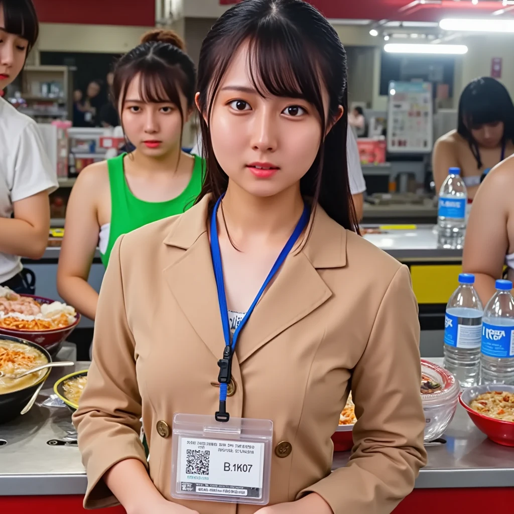 Highest quality, Masterpiece, ultra high definition, (realistic: 1.4), raw image, 1 woman,( Street Food Stall, food market with classic style, ramen, coke, ice water )