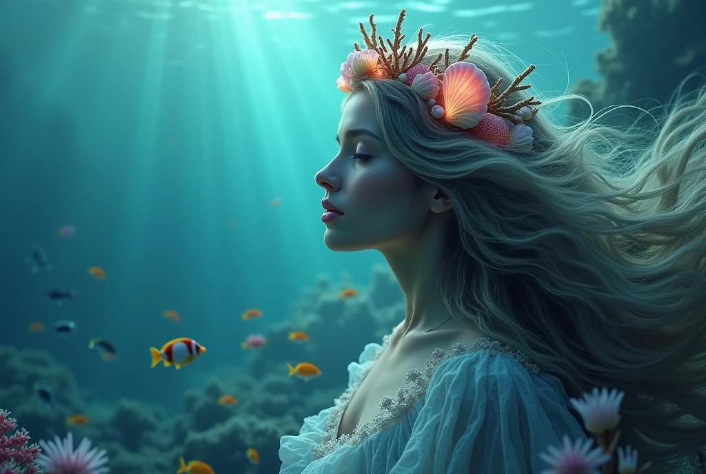 Uma sereia de corpo inteiro no fundo do mar super realista