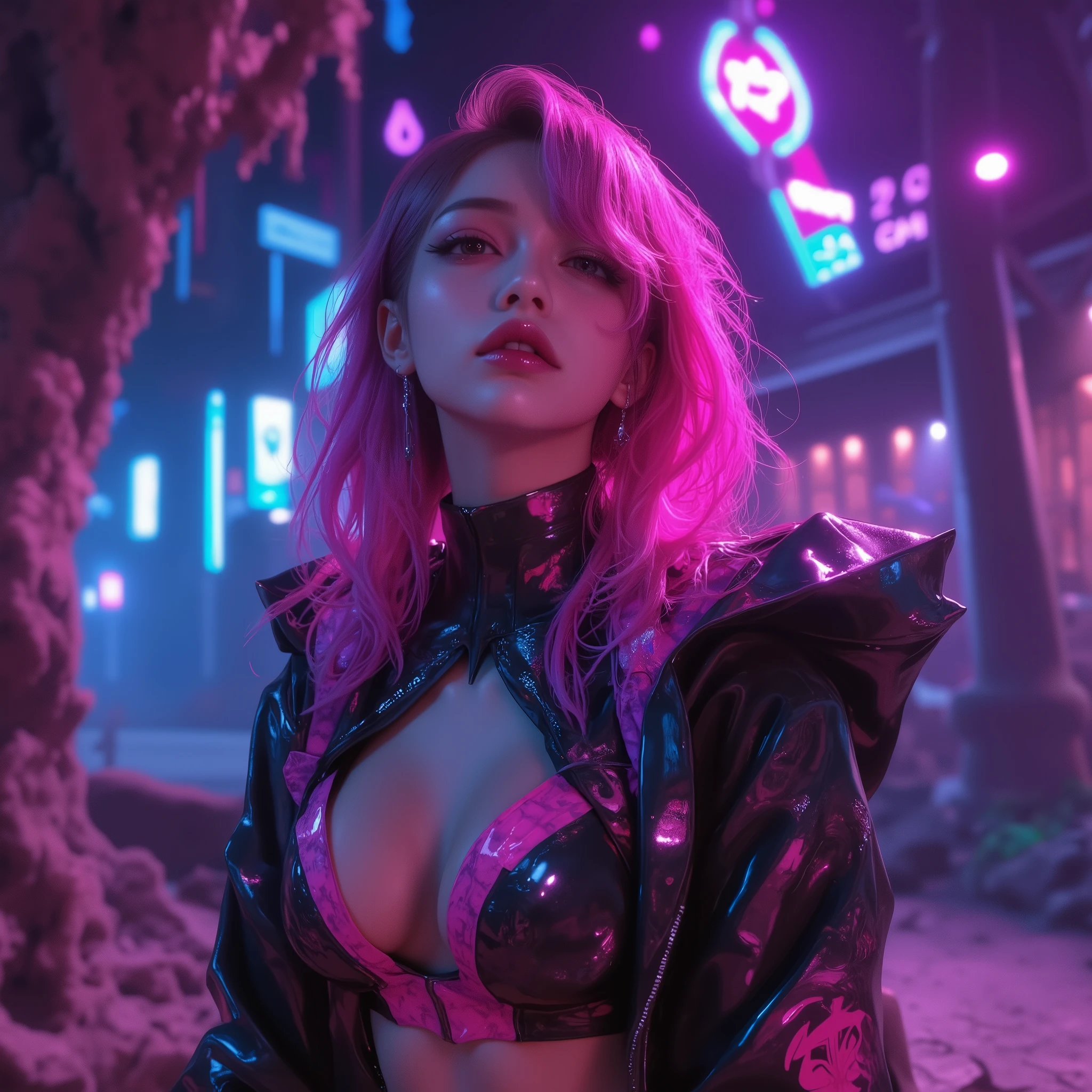 A cinematic medium shot of a dark fantasy scene with a powerful and enchanting female protagonist with striking neon pink hair. She dons a form-fitting outfit adorned with intricate architectural, anime, graffiti, and 3D render details. The background masterfully blends mystical darkness with soft, ethereal lights, casting a captivating glow across the scene. The overall composition exudes otherworldly beauty and intrigue.