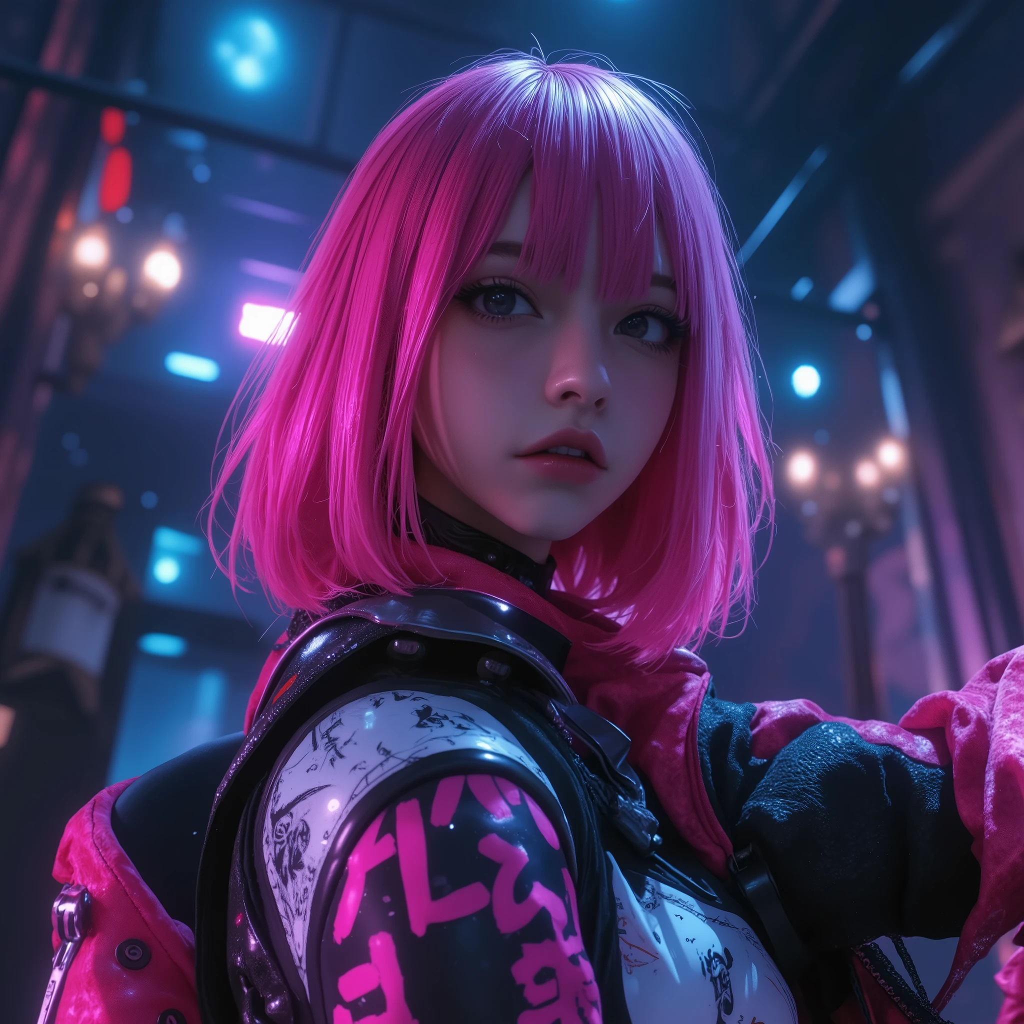 A cinematic medium shot of a dark fantasy scene with a powerful and enchanting female protagonist with striking neon pink hair. She dons a form-fitting outfit adorned with intricate architectural, anime, graffiti, and 3D render details. The background masterfully blends mystical darkness with soft, ethereal lights, casting a captivating glow across the scene. The overall composition exudes otherworldly beauty and intrigue.