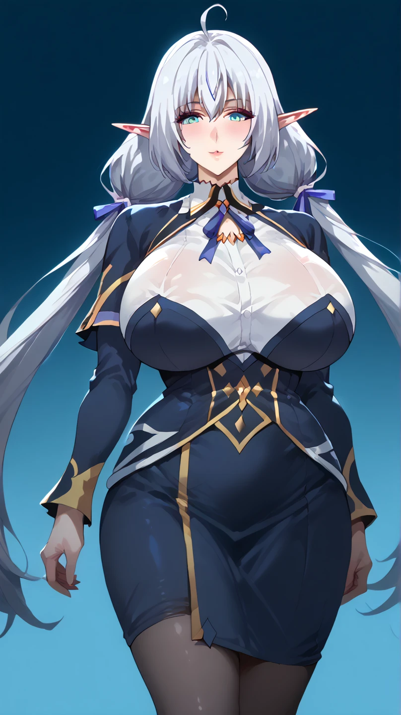 1girl ,Ireena (The Greatest Demon Lord Is Reborn as a Typical Nobody ), blue eyes, very long hair, twintails, grey hair, ahoge, pointy ears, low twintails, elf,older, huge breasts, milf, motherly, wide hips