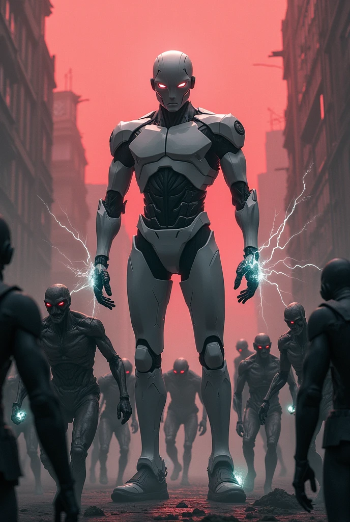 Izuku looking at the camera with a frightened face dressed in a night guard uniform while his left side is transformed into a red skeleton with blue flames