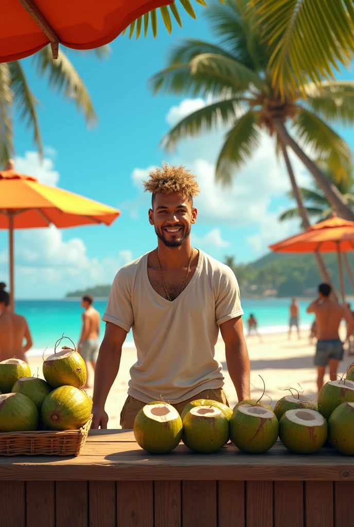 (photorealism: 1.2), handsome Cuban, beautiful and athletic body, standing next to a beach bed, the bed is made of wood with beige cushions, under a guano umbrella, dark skin color, curly hair, with a green shorts, holding with his left hand and drinking a can of beer, the can is green, the can has no signs, he is on the beach, on a sunset, natural light with two beautiful Cuban women, with beautiful bodies, sitting on the bed from the beach, the bed is made of wood with beige cushions, under a guano umbrella, dark skin color, curly hair, wears green shorts, holds with his left hand and drinks a can of beer, the can is green , the can has no signs, the beach is on, at sunset, natural light