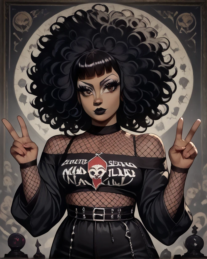 score_9, score_8_up, score_7_up, score_6_up, best quality, masterpiece, solo, female, brown skin, black hair, curly hair, afro, blunt bangs, brown eyes, fully clothed, breasts, black shirt, off shoulder, fishnet top, eyelashes, eyeliner, mole, black lips, makeup, goth, v sign, detailed, colored, full-length portrait, detailed background 