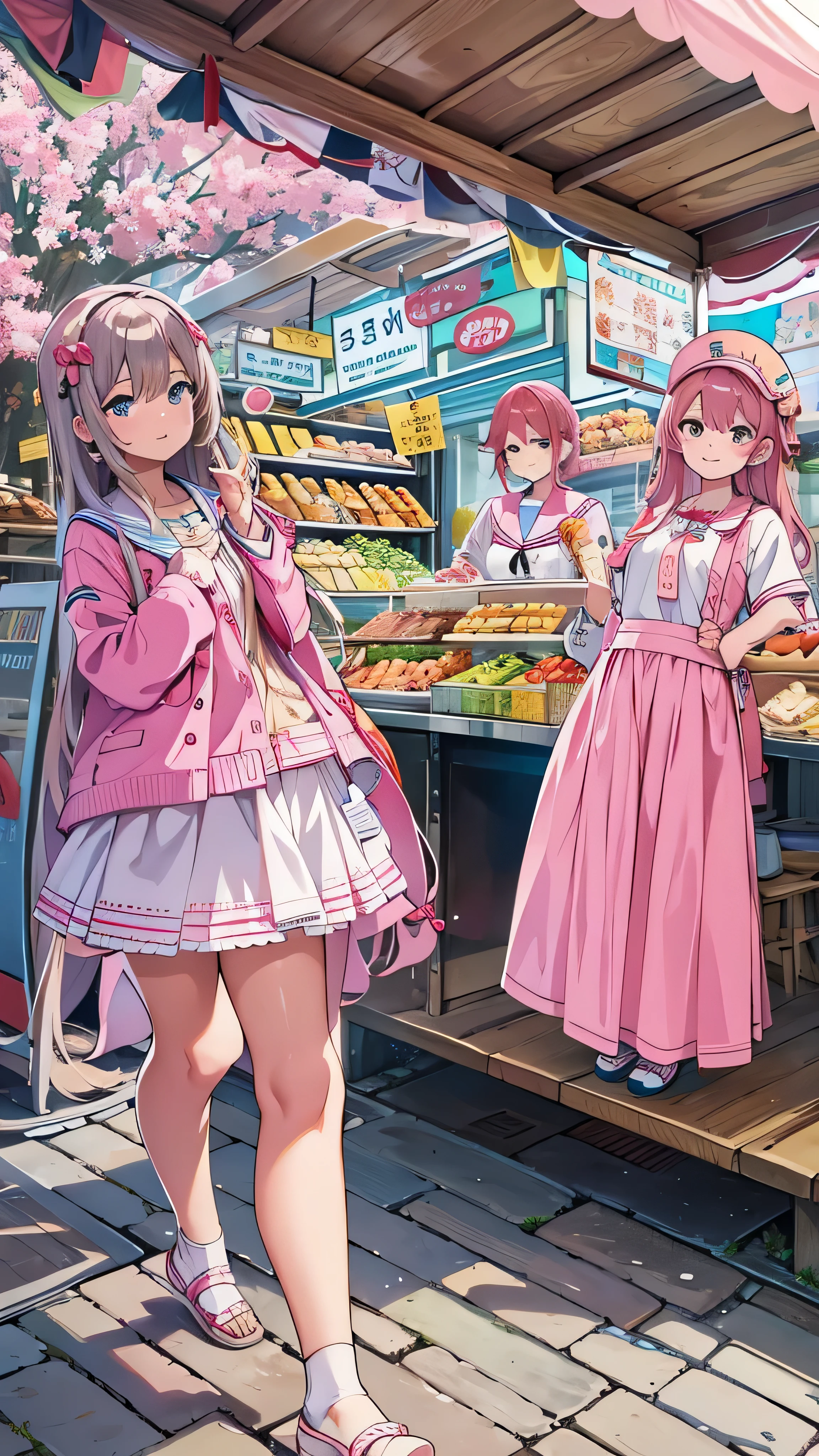  high-definition picture ， female college students、 pink sailor suit、 in front of a food stall in Frankfurt、Looking at the camera while smiling。Mr. Sawa's food stalls are lined up 。