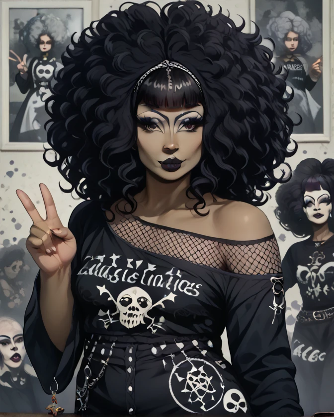 score_9, score_8_up, score_7_up, score_6_up, best quality, masterpiece, solo, female, brown skin, black hair, curly hair, afro, blunt bangs, brown eyes, fully clothed, breasts, black shirt, off shoulder, fishnet top, eyelashes, eyeliner, mole, black lips, makeup, goth, v sign, detailed, colored, full-length portrait, detailed background 