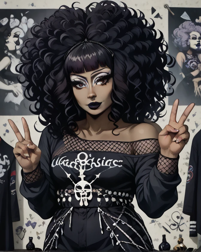 score_9, score_8_up, score_7_up, score_6_up, best quality, masterpiece, solo, female, brown skin, black hair, curly hair, afro, blunt bangs, brown eyes, fully clothed, breasts, black shirt, off shoulder, fishnet top, eyelashes, eyeliner, mole, black lips, makeup, goth, v sign, detailed, colored, full-length portrait, detailed background 