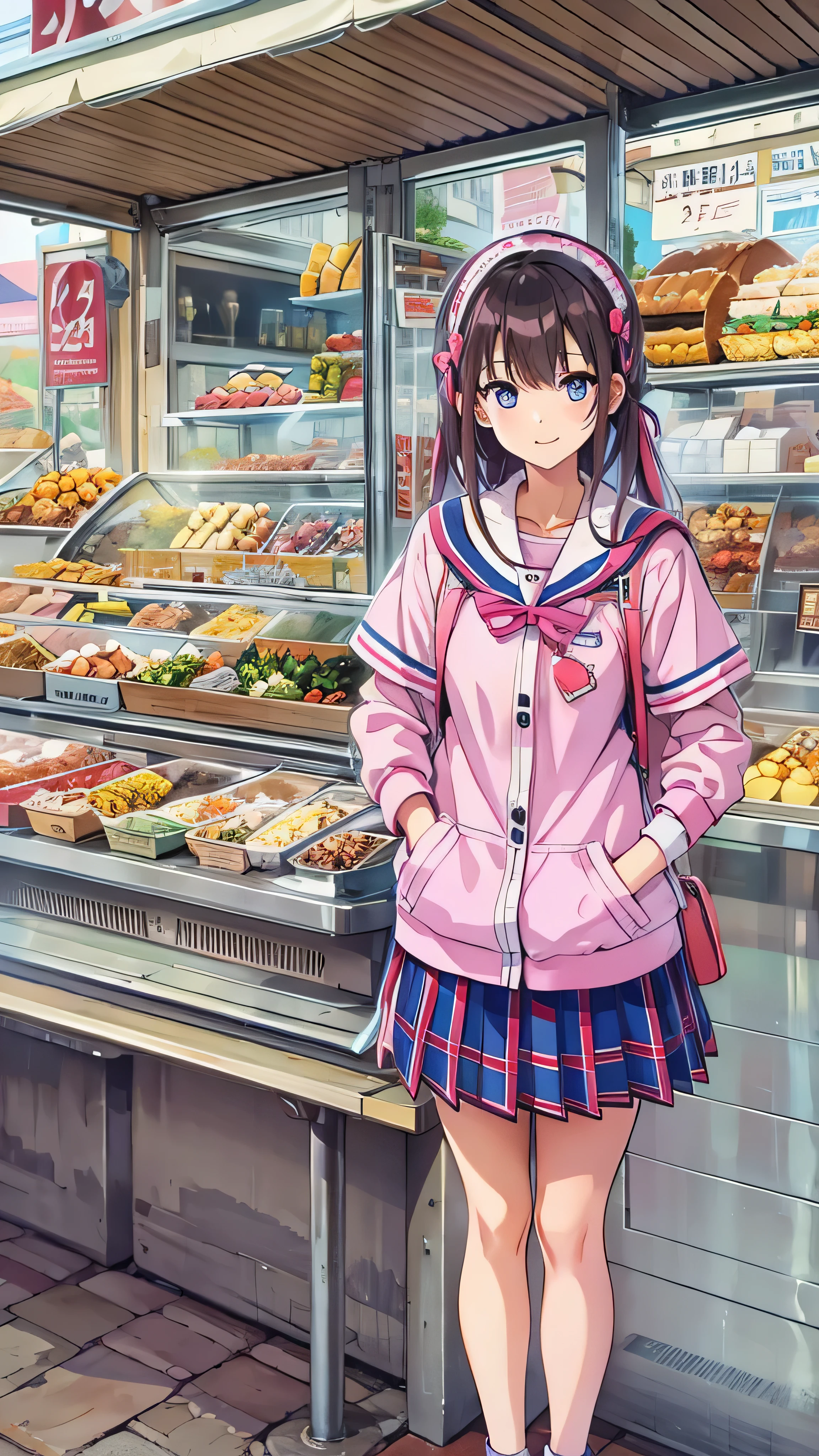  high-definition picture ， female college students、 pink sailor suit、 in front of a food stall in Frankfurt、Looking at the camera while smiling。Mr. Sawa's food stalls are lined up 。