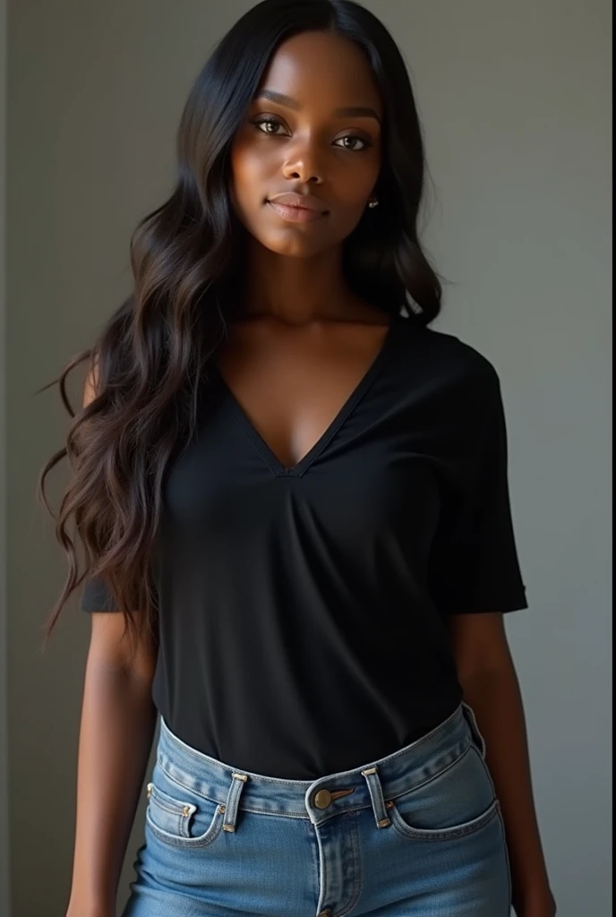 a pretty black woman in hallway, night, blue shirt, brown hair<lora:fisheye_260steps:4.0>