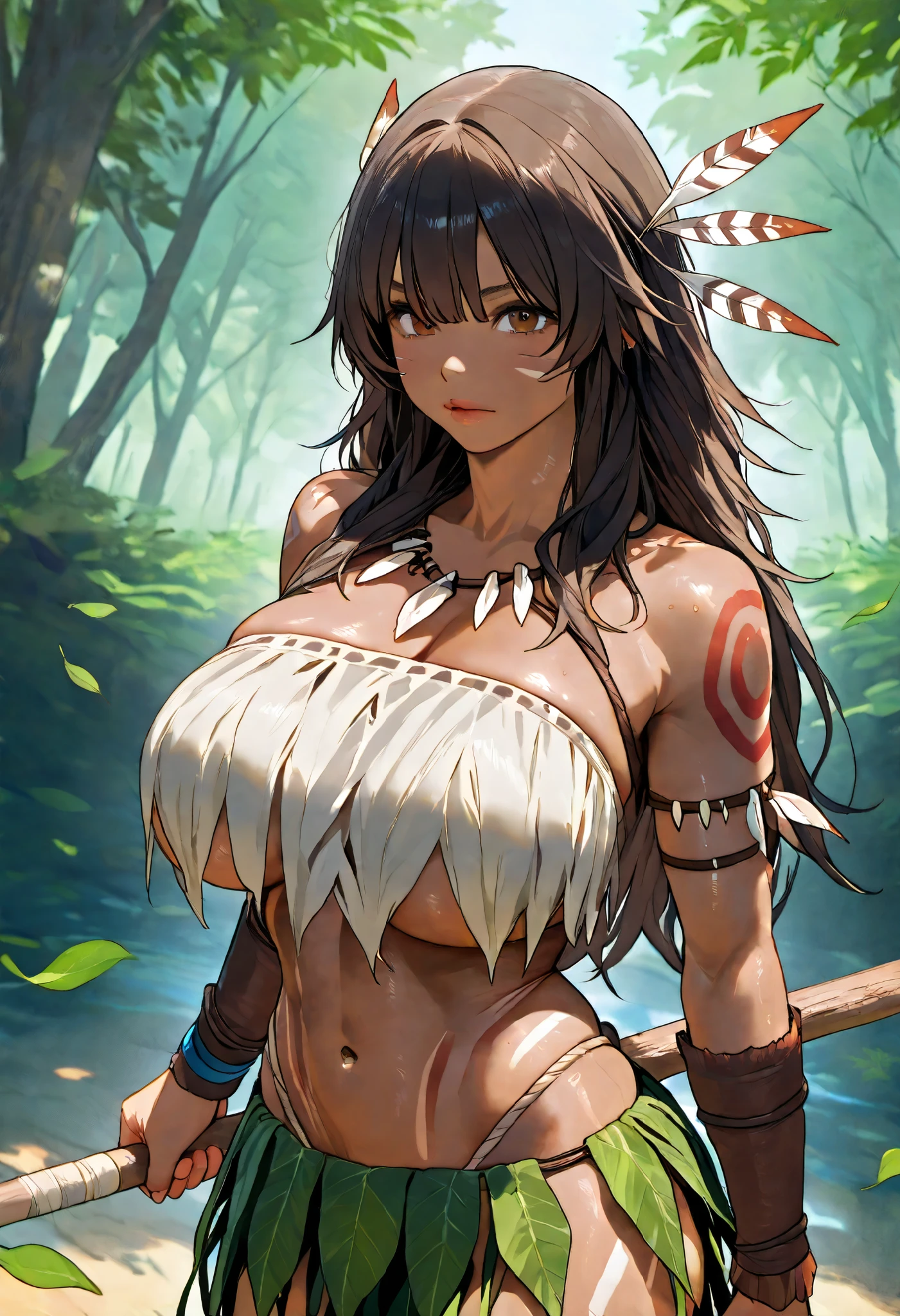 NSFW anime style image of an indigenous girl with brown skin, indigenous tattoos, indigenous clothing, and she is holding a spear. Her hair is straight. Her tits are big.