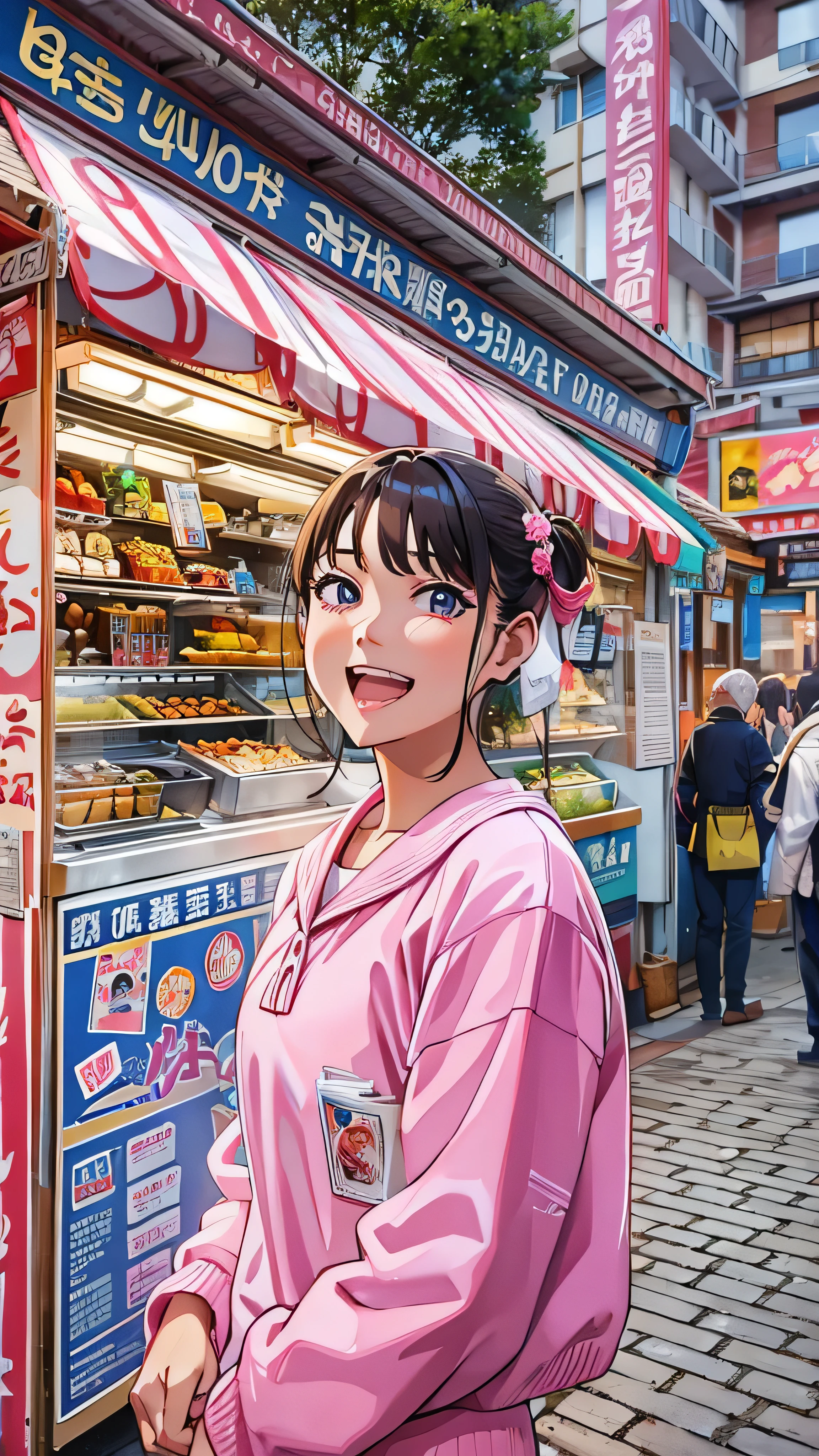  high-definition picture ， female college students、 pink sailor suit、 in front of a food stall in Frankfurt、Looking at the camera while smiling。Mr. Sawa's food stalls are lined up 。