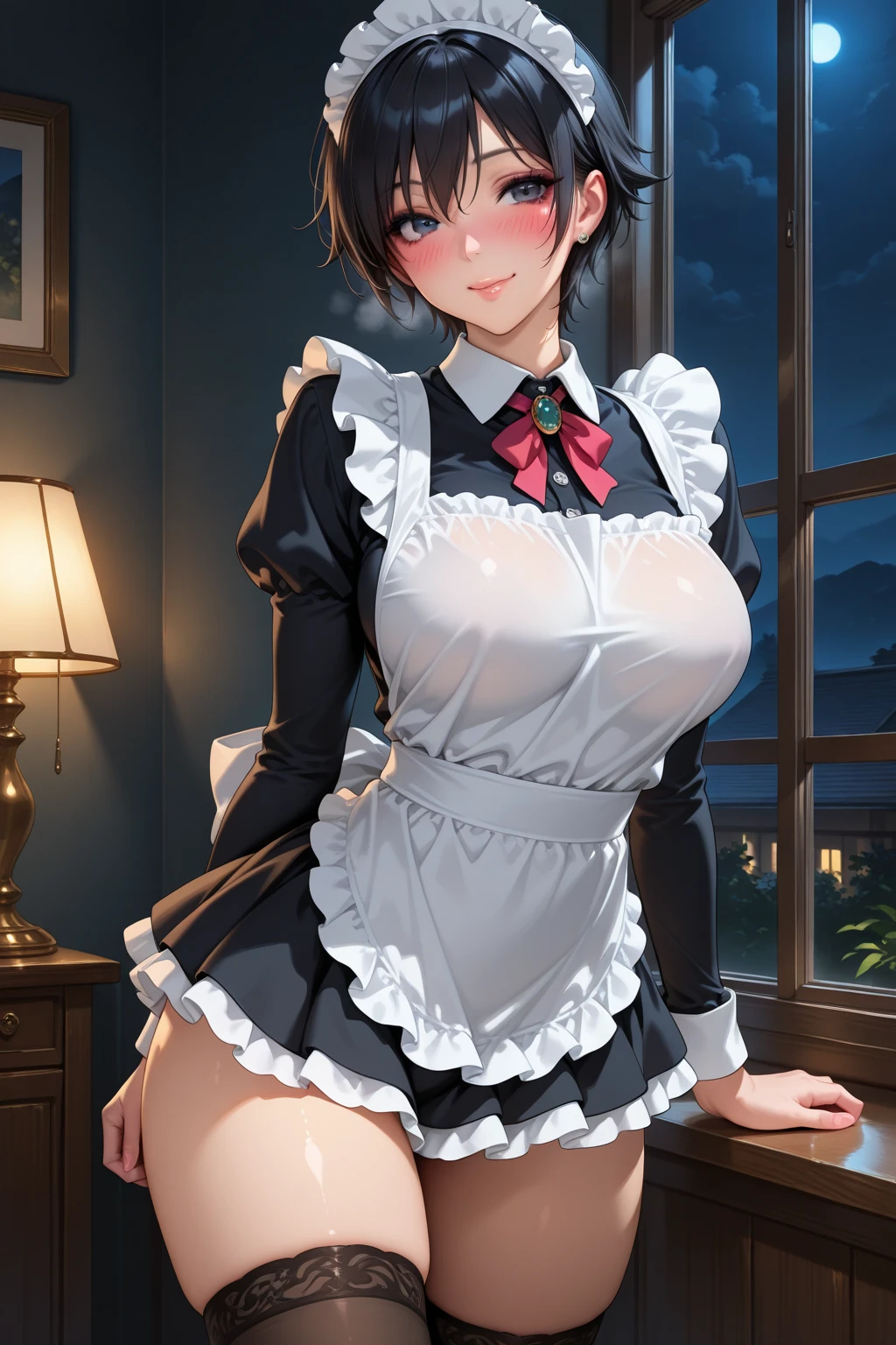 (masterpiece), woman,Frilled maid costume,Long skirt, Small breasts,Natural light, Realistic, Diffuse Light, skinny, vapor, (Please lift your skirt), (urination), With a smile.garter belt,Lace Stockings,Long nipples,Areola,See-through bra, Blowjob,Frill apron,Shapewear
