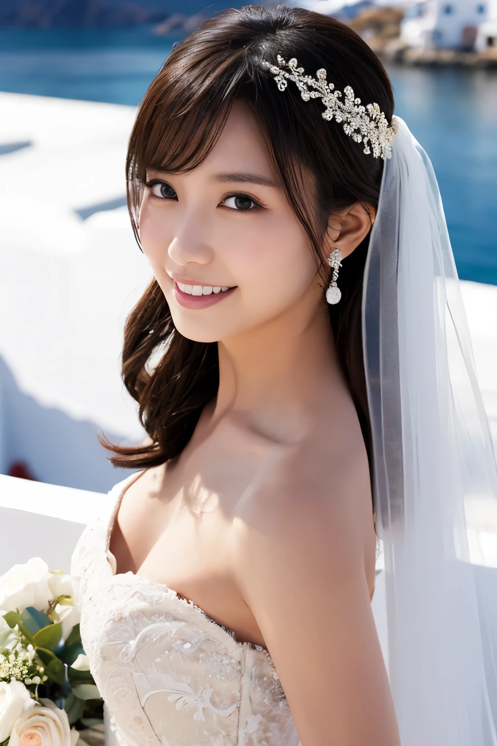 1 girl, ( wear a wedding dress:1.2), (Veil), very beautiful Japanese idol portrait, ( lying down ),
( RAW photos, top quality), ( realistic, realistic:1.4), (masterpiece),
so delicate and beautiful, very detailed, 2k wallpaper, amazing on the beach, finely, very detailed CG Unity 8K wallpaper, very detailed, high definition, Soft light,
girl with beautiful details wearing a navy blue blouse, very detailed目と顔, beautiful and sophisticated nose , beautiful beautiful eyes under the sun, movie lighting,
(Santorini church ), (bell), (Aegean Sea),
Perfect Anatomy , slender body, ( small breasts), (A shy smile), whole body