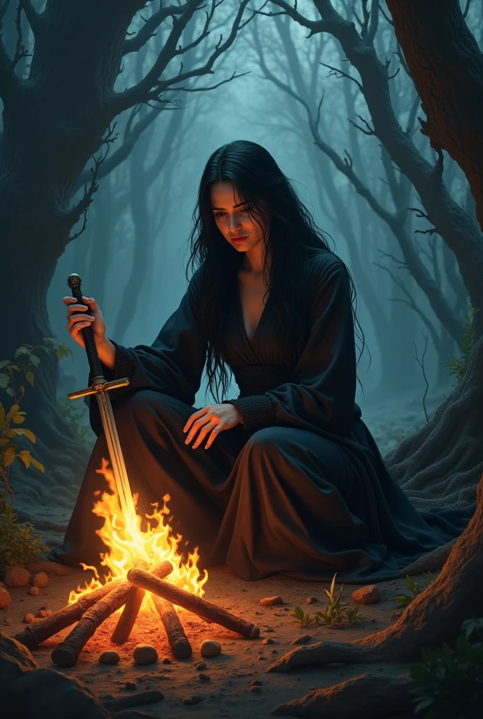 A woman who is summoning a demon, predatorial eyes, devourer, very beautiful, highly detailed, 4k resolution, masterpiece,night forest scenario,Michelangelo art,digital art