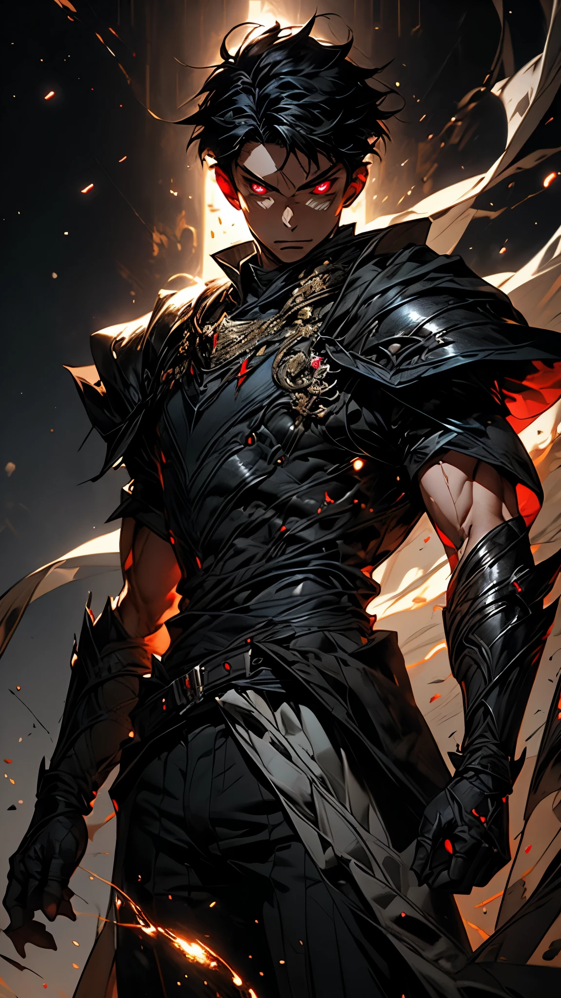 Masterpiece, 最 High Quality , high definition, very detailed, One boy ( 18-year-old teenager surrounded by the grandeur of space ), Young and handsome face, black hair ( Shine in your hair), red eyes ( Shining Eyes ), Cold look ( Cold look ), wears black clothes and black pants , , , floats in dynamic poses , achieves k resolution , wears black clothes and black pants , High Quality , emits a red aura from a . character wrapped in a majestic red aura, Cold look, Emotionless, dark background , black and red armor , six pack in armor , Red glowing rupee on his chest , detailed eyes , detailed face ,、inflammationinflammationノ消防隊、inflammation、inflammationに包まれている、背景にinflammation