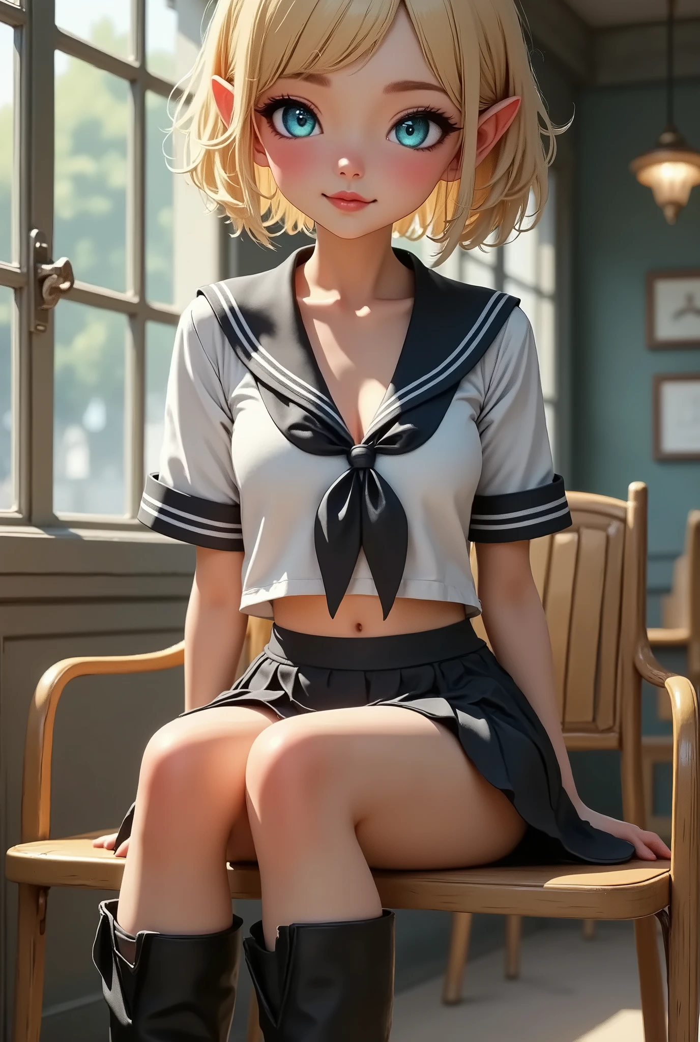 bshp エルフ, bshp , smile:1.2,  beautiful skin like a doll :1.4, Thin long ears :1.2,  beautiful eyes drawn in detail , Shining pupils,  glossy lips , Thick lips,  very detailed face,  long elegant fingers , (( sailor suit,  pleated skirt at the top of the screen)),  atmospheric cafe terrace, Sit by the window and have a coffee break,  dramatic lighting ,  bright color,  cinematic composition , Detailed CG illustration, 8k, masterpiece．