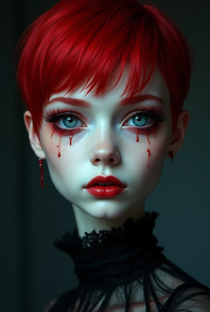 A hauntingly beautiful woman, green eyes, short red hair, glowing milky white skin, blood dripping from her lips, black silky dress, in an eerie setting.