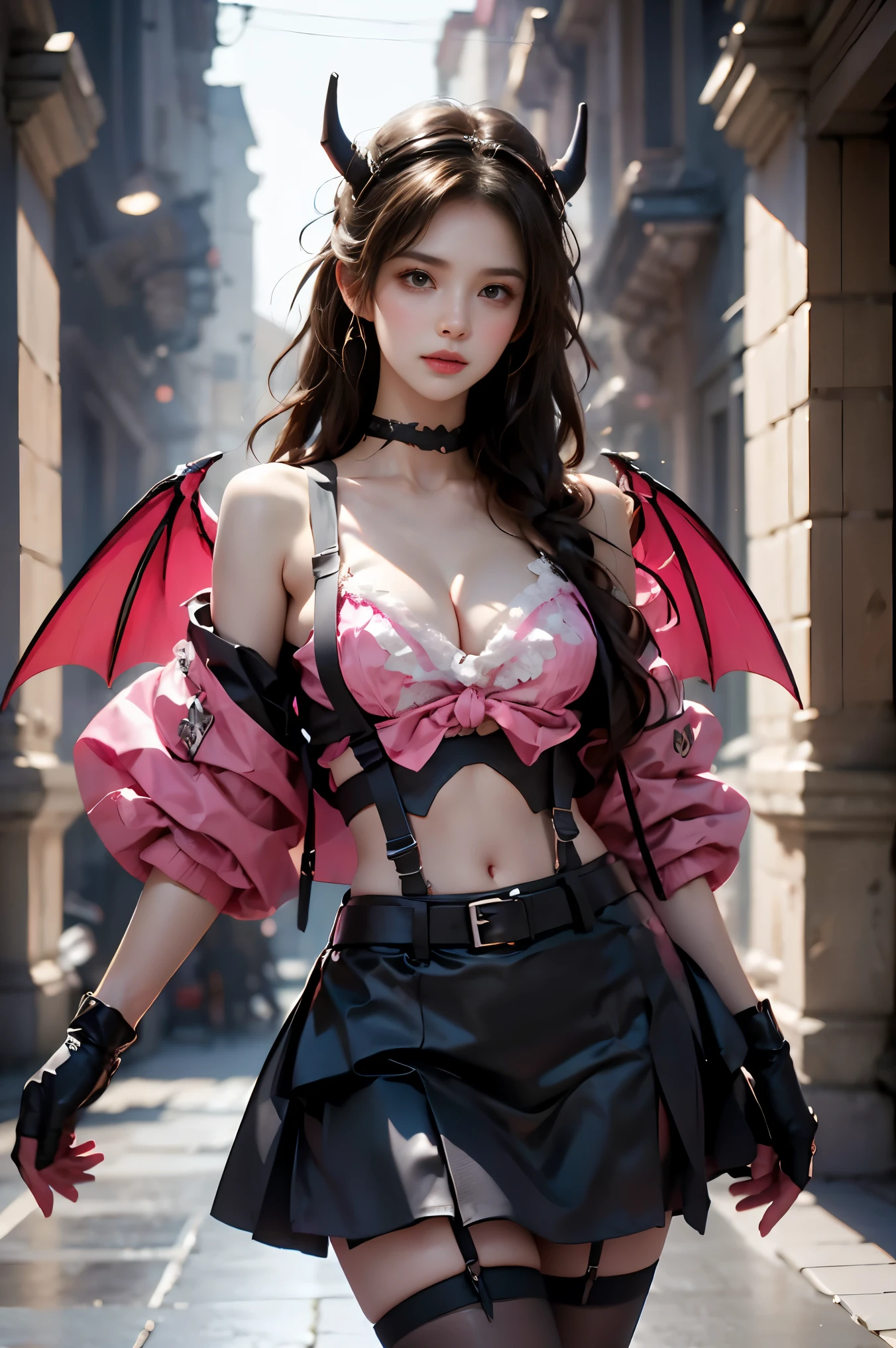hllwngm outfit, pink visor cap, headset, black collar, pink demon wings, demon tail, demon horns, cropped jacket, open jacket, crop top, cleavage, suspenders , black detached sleeves, black fingerless gloves , pink layered miniskirt, black waist apron , brown thighhighs, black knee boots, (cowboy shot:1.3), (from below:1.2),photorealistic beautiful woman, fashion model with long legs, (standing in hallway:1.2), portico corridor, single bare shoulder, (elegant contrapposto pose:1.2), graceful stance, slim athletic figure, (high detailed skin:1.2), (Full breasts, visible cleavage, very short hemlines, revealing smooth thighs), soft ambient lighting, cinematic lighting, depth of field, 85mm portrait photography, natural shadows, professional fashion photography, high-end magazine style, high resolution, masterpiece, best quality, intricate details, hyperrealistic