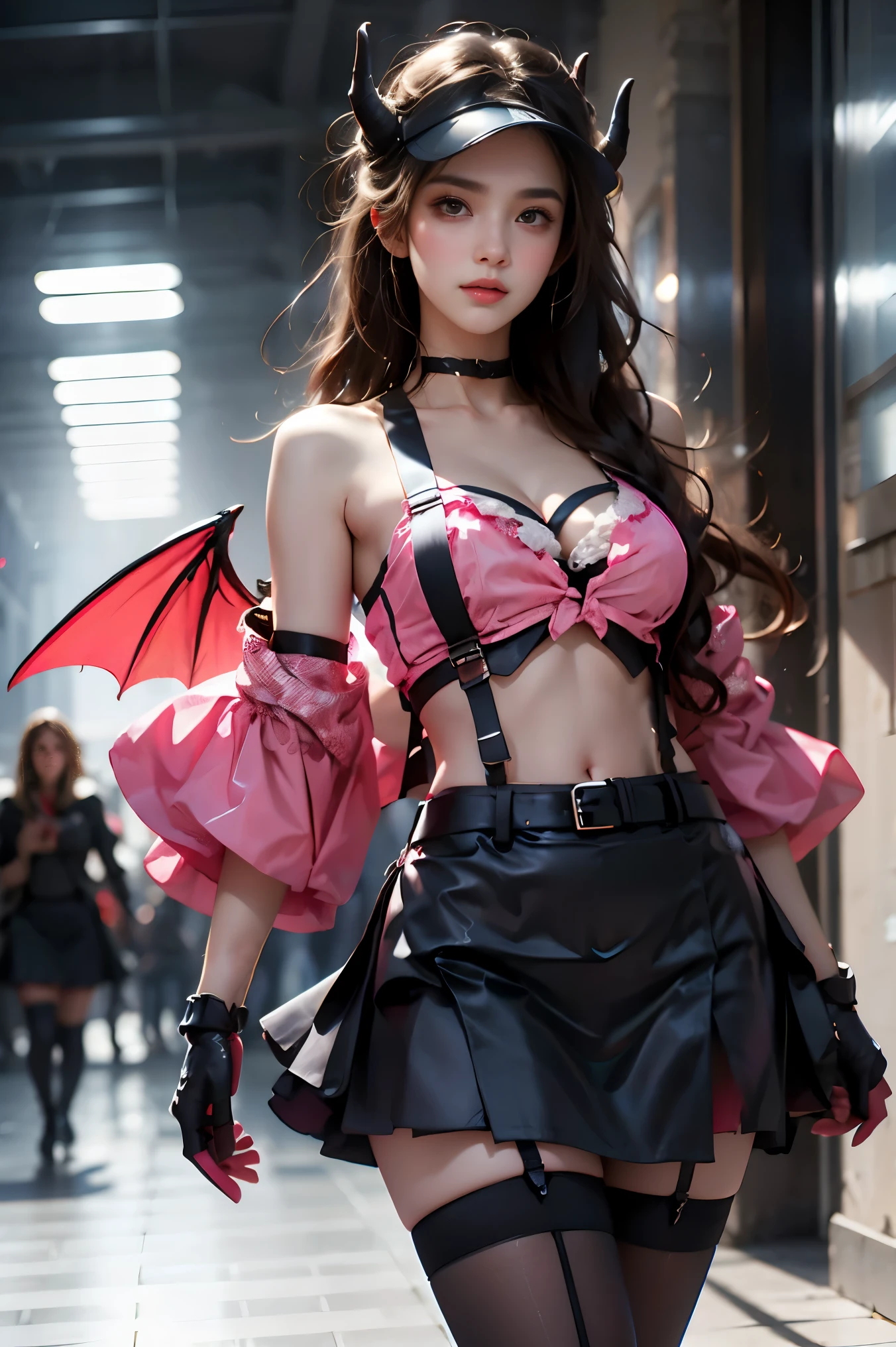 hllwngm outfit, pink visor cap, headset, black collar, pink demon wings, demon tail, demon horns, cropped jacket, open jacket, crop top, cleavage, suspenders , black detached sleeves, black fingerless gloves , pink layered miniskirt, black waist apron , brown thighhighs, black knee boots, (cowboy shot:1.3), (from below:1.2),photorealistic beautiful woman, fashion model with long legs, (standing in hallway:1.2), portico corridor,  single bare shoulder,     (elegant contrapposto pose:1.2), graceful stance, slim athletic figure, (high detailed skin:1.2), (Full breasts, visible cleavage, very short hemlines, revealing smooth thighs), soft ambient lighting, cinematic lighting, depth of field, 85mm portrait photography, natural shadows, professional fashion photography, high-end magazine style,  high resolution, masterpiece, best quality,  intricate details, hyperrealistic