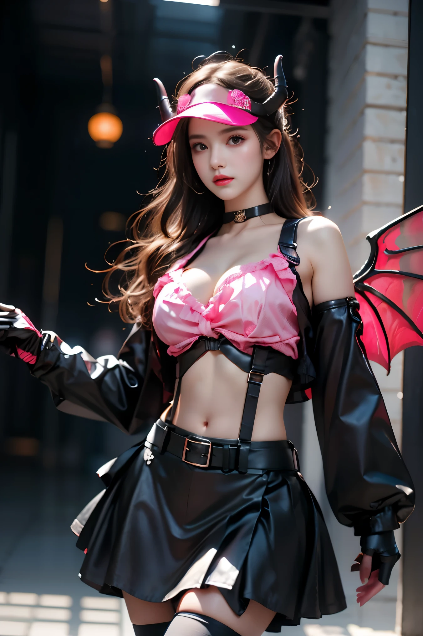 hllwngm outfit, pink visor cap, headset, black collar, pink demon wings, demon tail, demon horns, cropped jacket, open jacket, crop top, cleavage, suspenders , black detached sleeves, black fingerless gloves , pink layered miniskirt, black waist apron , brown thighhighs, black knee boots, (cowboy shot:1.3), (from below:1.2),photorealistic beautiful woman, fashion model with long legs, (standing in hallway:1.2), portico corridor,  single bare shoulder,     (elegant contrapposto pose:1.2), graceful stance, slim athletic figure, (high detailed skin:1.2), (Full breasts, visible cleavage, very short hemlines, revealing smooth thighs), soft ambient lighting, cinematic lighting, depth of field, 85mm portrait photography, natural shadows, professional fashion photography, high-end magazine style,  high resolution, masterpiece, best quality,  intricate details, hyperrealistic