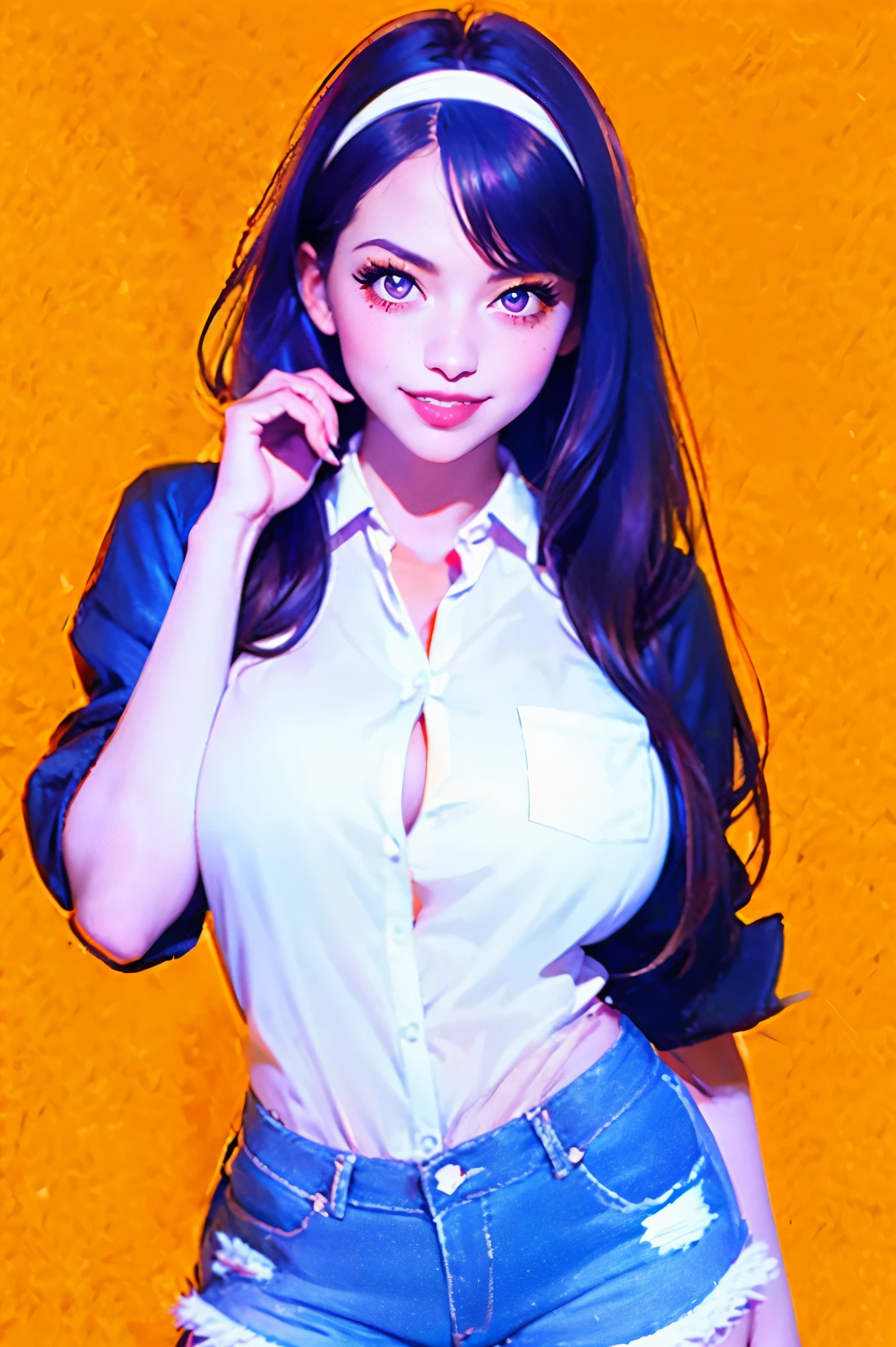 Alluring young girl, smile, collared shirt, unbuttoned shirt, sleeves rolled up, denim shorts, massive breast, hairband, (wide hips), sexy thighs, ((straight hair)), comic retro style, (masterpiece, best quality:1.2), simple background